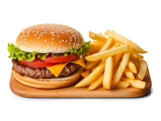 Burger and french fries isolated on transparent or white background, png