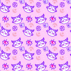 Kawaii pattern with Baphomet, eyes, cards and pentagrams on a pink background
