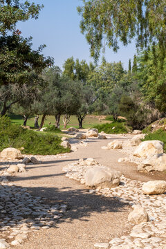 National Park trees and landscape at Paula and Ben Gurion' grave site at Kibbutz Sde Boker in the Negev Desert in Southern Israel
