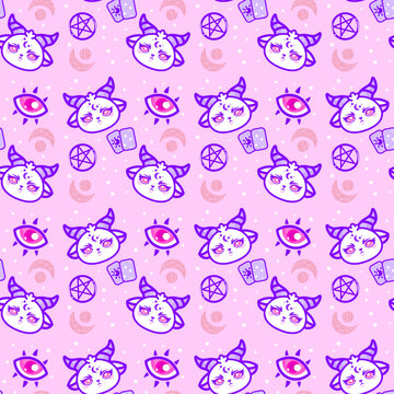 Kawaii pattern with Baphomet, eyes, cards and pentagrams on a pink background
