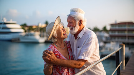 Married couple of American pensioners spend time on a tropical cruise on a huge liner, Summer vacation Generative AI - obrazy, fototapety, plakaty