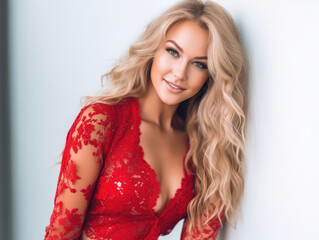 Fototapeta premium Close up of beautiful woman in a red lace dress, posing against a simple white background
