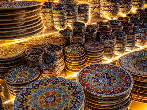 Macro Close up of Traditional ceramic pottery found in Medina and souks throughout Arab countries specifically UAE Dubai, Morocco Marrakech, Istanbul Turkey and is a good travel tourism concept pic