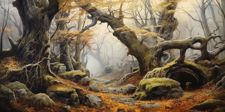 An enchanting forest landscape in autumn, with a winding path covered in fallen leaves, ancient trees with gnarled branches. Painting. Generative ai.
