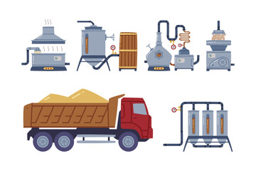 Whiskey Drink Production and Manufacture Vector Set