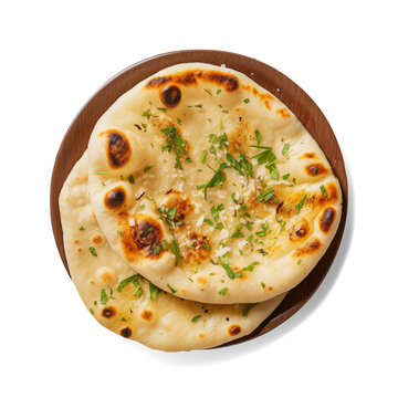 Indian naan bread with garlic and butter isolated on transparent or white background, png