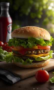 a hamburger sitting on top of a cutting board, photorealism, vray tracing, rendered in unreal engine,