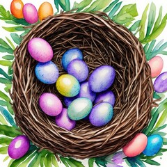 Watercolor drawing Easter nest on white background.