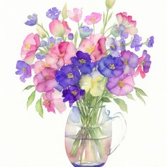 Watercolor bouquet of flowers in glass.