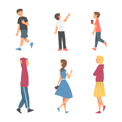 Obraz premium Young Man and Woman Walking with Drink and Ice Cream Vector Illustration Set