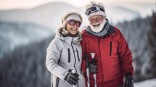 Couple of pensioners have a rest in ski resort. winter holidays Generative AI