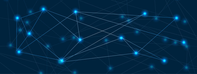 Abstract global pattern geometric polygonal space background and network connections with bokeh points and lines. Abstract blue lines and dots connections, social network communication pattern.