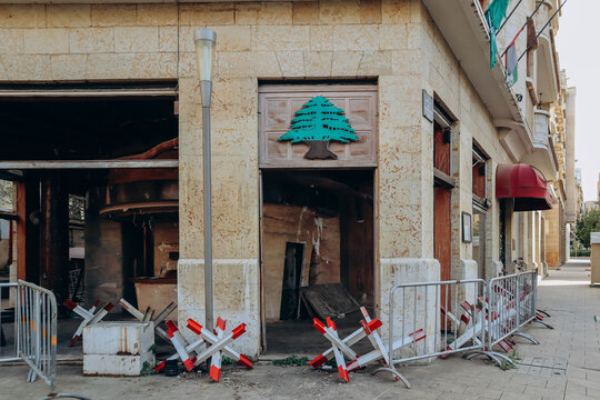 Beirut, Lebanon &mdash; 24.04.2023: Broken and damaged shops after demonstrations in the center of Beirut