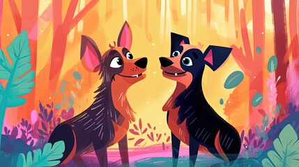 illustration a puppy couple sitting together in garden, Generative Ai