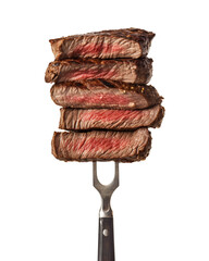 Slices of beef steak on a fork isolated on transparent or white background, png - obrazy, fototapety, plakaty