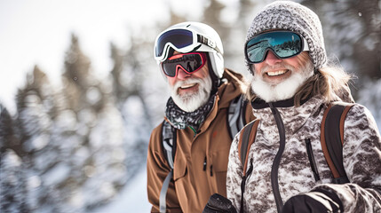 Fototapeta premium Happy mature couple skiing in the Alps mountains. Senior man and woman enjoying ski vacation in alpine resort. Active retirement. Healthy winter sport for every age. Generative AI
