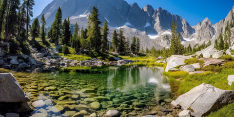 Fototapeta na wymiar An awe-inspiring mountain landscape with snow-capped peaks, a crystal-clear alpine lake. Generative ai