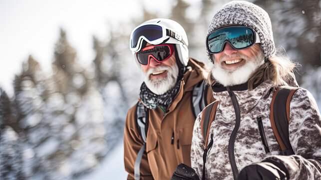 Happy mature couple skiing in the Alps mountains. Senior man and woman enjoying ski vacation in alpine resort. Active retirement. Healthy winter sport for every age. Generative AI