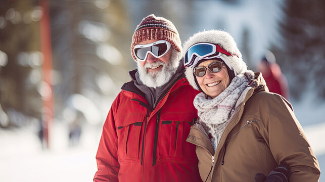 Happy mature couple skiing in the Alps mountains. Senior man and woman enjoying ski vacation in alpine resort. Active retirement. Healthy winter sport for every age. Generative AI