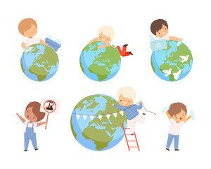 Little Boy with Earth Globe Taking Care of Planet Earth Vector Illustration Set