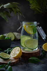 Glass of fresh lemonade with lime and lemon and basil leaves on dark background 