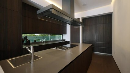 Stylish minimalist kitchen with white walls, dark wooden panels, long comfortable island and stainless modern appliances. Concept of interior design