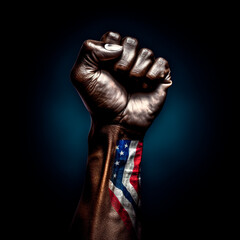 A black hand fist raised in solidarity, accompanied by the vibrant colors of the United States flag, Generative AI