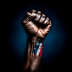 Fototapeta na wymiar A black hand fist raised in solidarity, accompanied by the vibrant colors of the United States flag, Generative AI