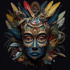 Ethnic tribal mask illustration. Colorful face mask with feather leaves and tattoo. Generative AI
