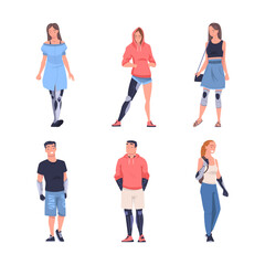 Obraz premium People Character with Robotic Body Parts or Prosthesis Functioning Vector Set