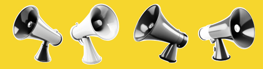 Loudspeakers for collage. Pack of megaphones on yellow background. Vector halftone illustration with elements of a doodle. Grunge punk set. Lightning blah lines