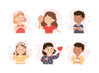 Self-love with Children Admiring Themselves Loving Their Appearance Vector Set