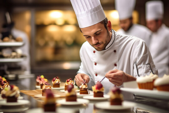 male master chef chocolatier working in artisanal professional chocolate laboratory, AI Generative