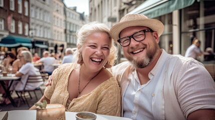 Obraz premium Portrait of a happy young couple hugging and smiling while enjoying a fun date in in historucal part of city Generative AI