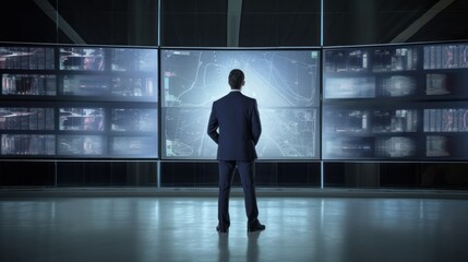 male businessman looking at charts monitor world map business concept on dark blue background generative ai