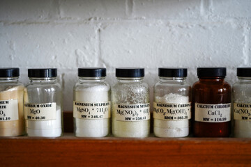 Close up of chemistry chemicals on a shelf