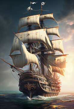 Photorealistic pirate schooner or sailing ship in 16th-17th century style the sea. AI generative.