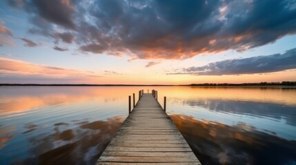 Obraz na płótnie Canvas beautiful sunset on the river with a pier generative ai