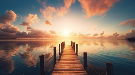 Fototapeta premium beautiful sunset on the river with a pier generative ai