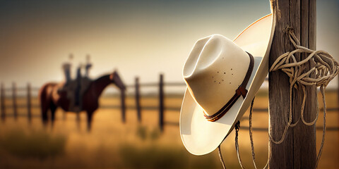 A cowboy hat and lasso hang from the ranch's wooden fence. AI generated. - obrazy, fototapety, plakaty