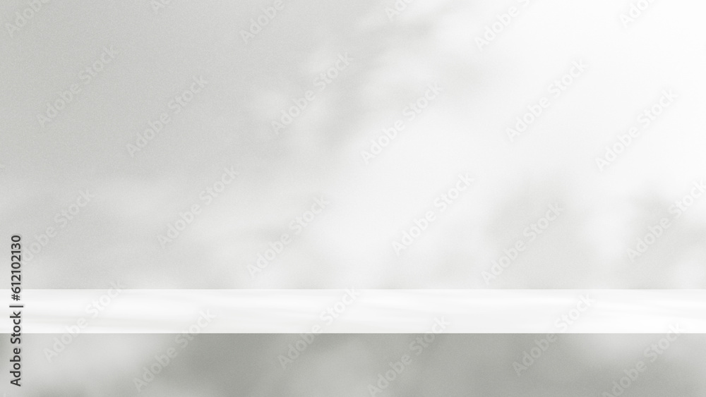 Poster White table background for presentations, white empty table mock up with sunlight and leafs shadows, empty podium stage platform