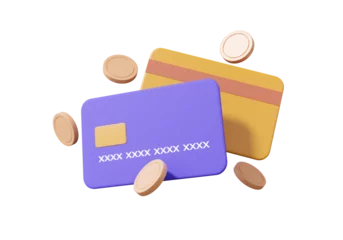 Fotobehang 3D online payments credit or debit card concept. coins floating on isolated background. money transfer. financial transactions. cartoon minimal style. 3d rendering illustration © N ON NE ON
