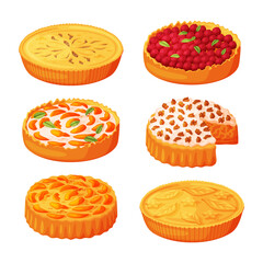 Baked Pie Made from Pastry Dough with Sweet Fruit Filling and Cream Vector Set