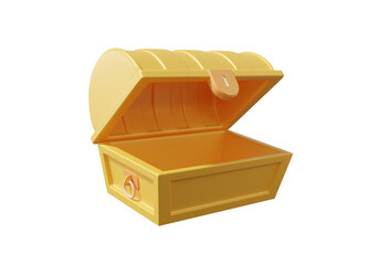 Minimal cartoon style cute smooth chest golden icon on isolated background. Open treasure box coffer concept. wealth ancient concept. 3d rendering illustration element