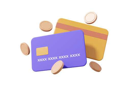 3D online payments credit or debit card concept. coins floating on isolated background. money transfer. financial transactions. cartoon minimal style. 3d rendering illustration