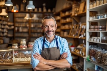 Portrait of confident chocolatier businessman standing in her shop arms crossed looking to camera. AI Generative