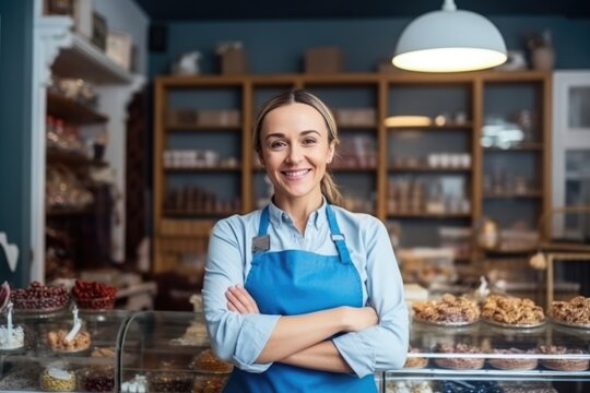 Portrait of confident chocolatier businesswoman standing in her shop arms crossed looking to camera. AI Generative