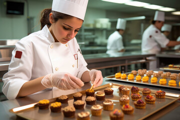 female master chef chocolatier working in artisanal professional chocolate laboratory, AI Generative