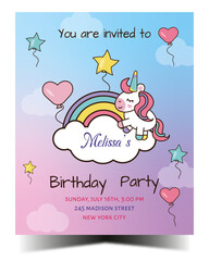 Birthday party colorful invitation with unicorn and rainbows. Ready to print. Vector illustration