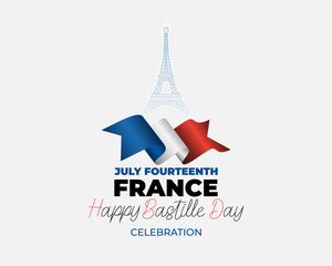 Obraz premium Holiday design, background with handwriting, Eiffel tower shape and national flag colors for Bastille day, France National holiday, celebration. Vector illustration